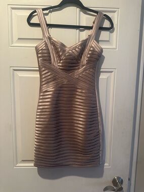 BCBGMaxAzria Metallic Taupe Strappy Mini Dress
